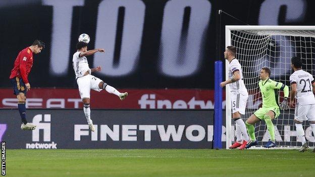 Álvaro Morata finishes home the first goal of Spain against Germany in the Nations League