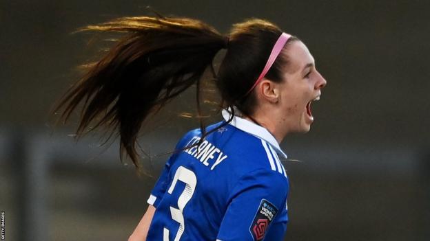 Sam Tierney celebrates after scoring for Leicester in the WSL