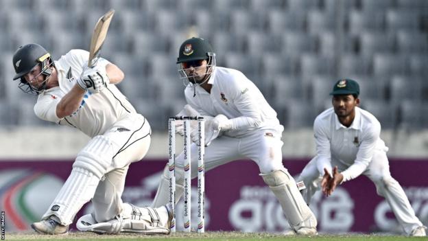New Zealand's Glenn Phillips plays a shot during his sides four-wicket win over Bangladesh in the second Test in Mirpur