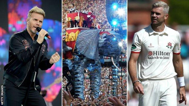 Split image of Garry Barlow, Take That's elephant from their Circus tour and James Anderson of Lancashire