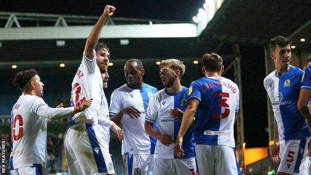 Blackburn Rovers celebrate Ben Brereto Diazn's fourth goal of the season, which doubled their lead against Hull City