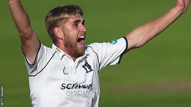 Warwickshire's Olly Stone appeals for a wicket