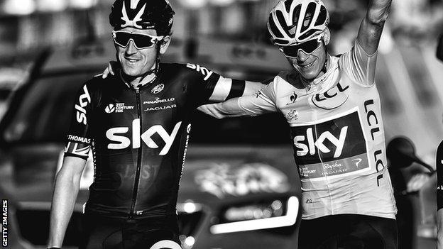 Geraint Thomas (left) crosses the Tour de France finish line with winner and Team Sky leader Chris Froome