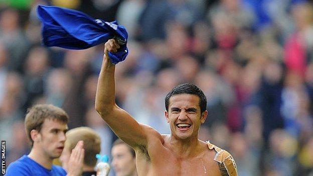 Tim Cahill celebrates Everton's last derby win, a 2-0 victory at Goodison Park in October 2010
