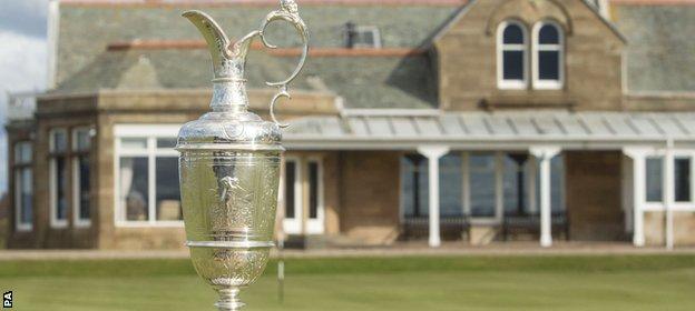 The Claret Jug in front of the club house at Royal Troon