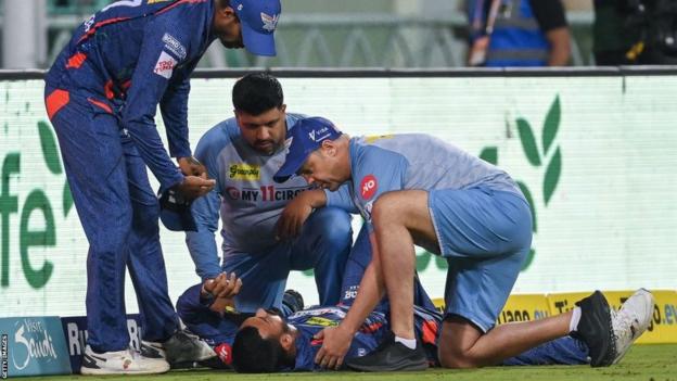 KL Rahul is helped by a medic during the Lucknow Super Giants' Indian Premier League game against the Royal Challengers Bangalore on 1 May 2023