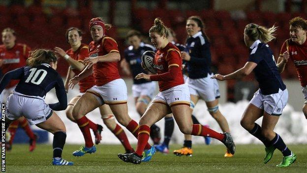 Dyddgu Hywel of Wales makes a break against Scotland in the 2017 Women's Six Nations