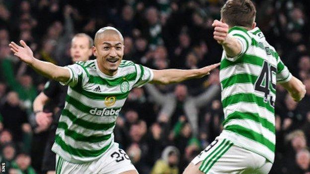 Celtic striker Daizen Maeda celebrates