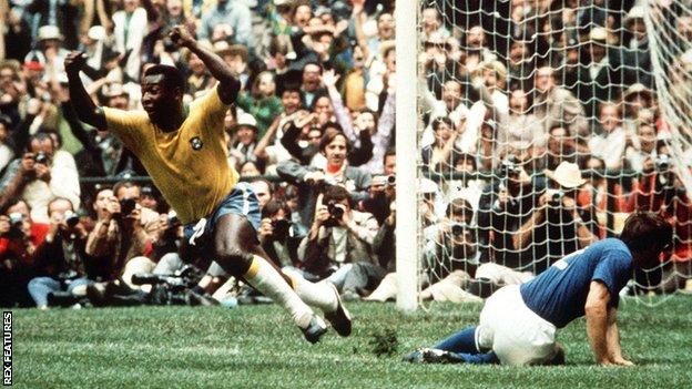 Pele celebrates scoring against Italy in the final of the 1970 World Cup