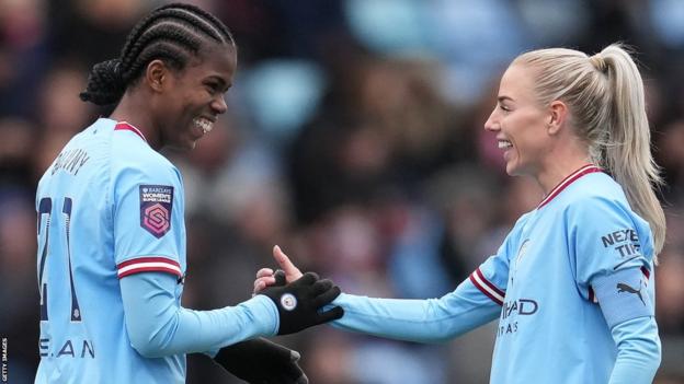 Khadija Shaw and Alex Greenwood celebrate one of the striker's 15 WSL goals so far this season