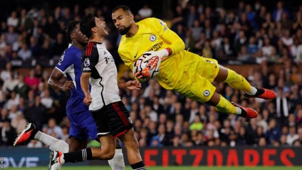 Chelsea goalkeeper Robert Sanchez in action against Fulham