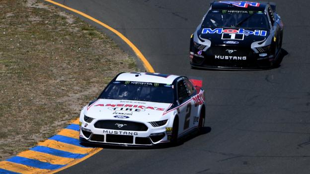 SONOMA, CALIFORNIA - JUNE 21: Brad Keselowski, driver of the #2 America's Tire Ford, leads Kevin Harvick, driver of the #4 Mobil 1 Ford, during practice for the Monster Energy NASCAR Cup Series Toyota/Save Mart 350 at Sonoma Raceway on June 21, 2019 in Sonoma, California. (Photo by Robert Reiners/Getty Images)