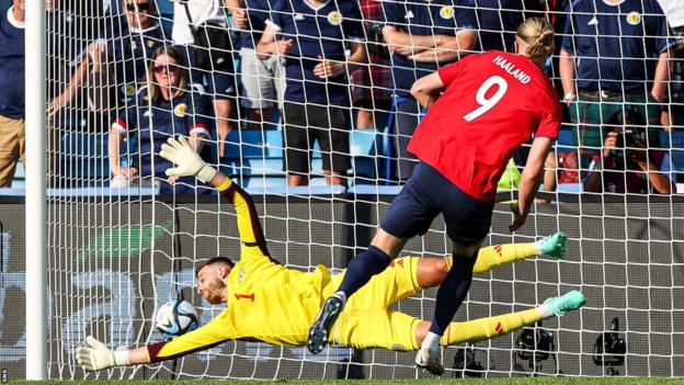Erling Haaland scores for Norway against Scotland in June, 2023