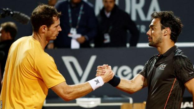 Andy Murray shakes hands with Fabio Fognini aft  their 2023 Italian Open match