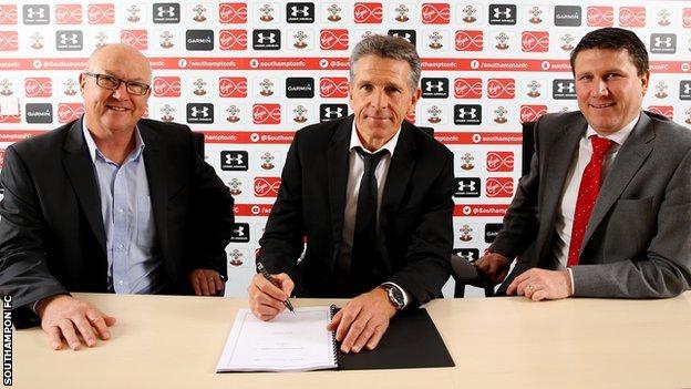 Southampton executive director of football Les Reed, new manager Claude Puel and chief executive Gareth Rogers
