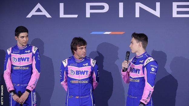 Esteban Ocon, Fernando Alonso and Oscar Piastri