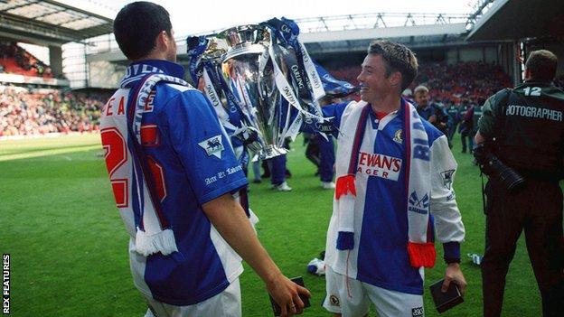 Blackburn players with Premiership trophy