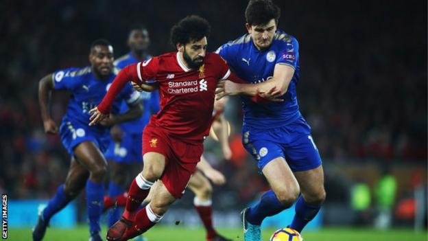Mohamed Salah and Harry Maguire battle for the ball at Anfield