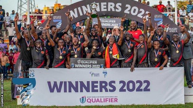 Uganda celebrate winning the Africa Men's Rugby Sevens title