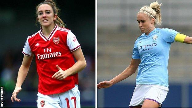 Arsenal winger Lisa Evans (left) first got to the Champions League last 16 with Glasgow City, while Man City defender Steph Houghton has twice been a semi-finalist