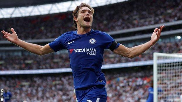 Marcos Alonso celebrates scoring his second goal for Chelsea against Tottenham