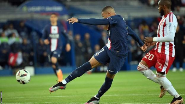 Kylian Mbappe scores his second goal for Paris St-Germain against AC Ajaccio at Parc des Princes