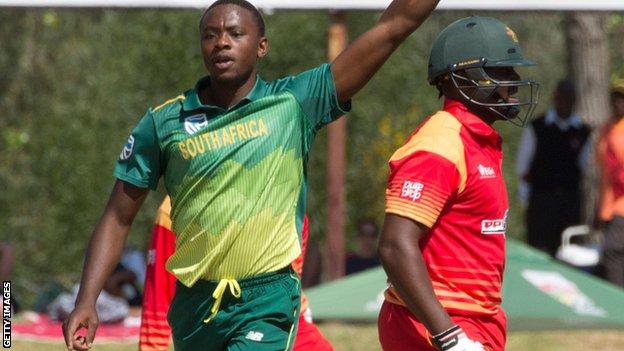 South Africa's Kagiso Rabada celebrates a wicket against Zimbabwe