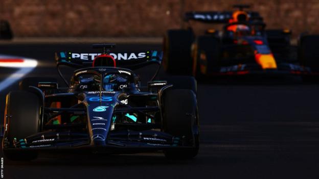 George Russell leads Max Verstappen in the Baku sprint race