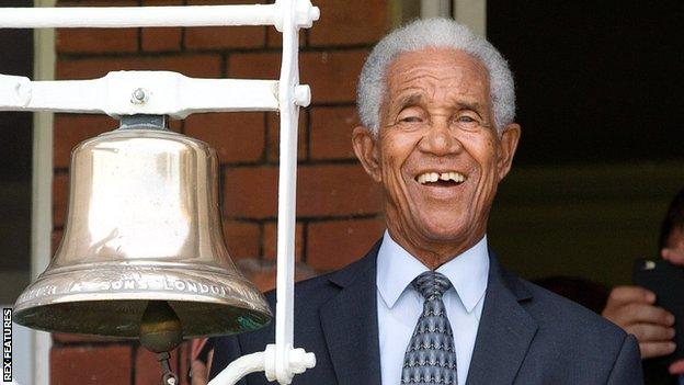 Sir Garfield Sobers rings the afternoon bell in the England v Sri Lanka Test at Lord's in June, 2016