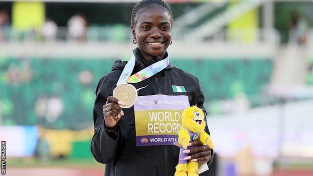 Tobi Amusan celebrated her World Athletics Championships gold medal in the women's 100m hurdles