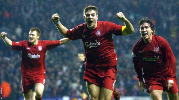 Liverpool's Steven Gerrard celebrates scoring against Olympiakos in the 2004 Champions League group stage