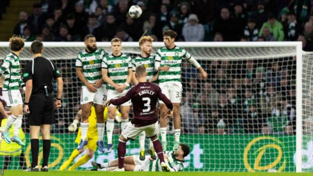 Stephen Kingsley scores a free-kick for Hearts against Celtic