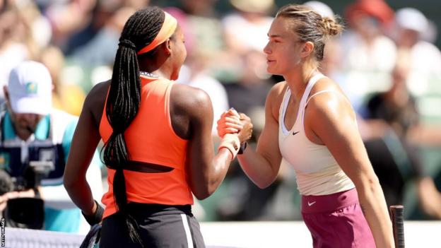 Aryna Sabalenka speaks to Coco Gauff after her dominant 6-4 6-0 win