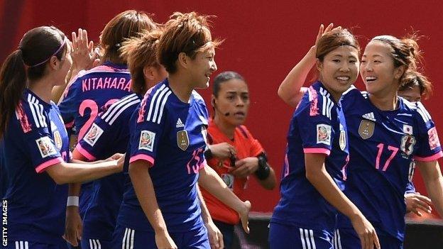 Japan celebrate their opening goal