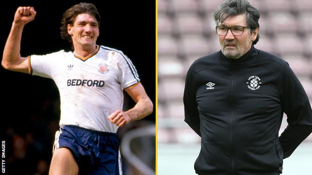 Mick Harford during his time as a player (left) and in his current role as Luton assistant manager