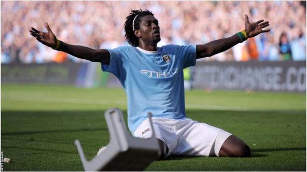 Emmanuel Adebayor celebrates scoring for Manchester City against Arsenal