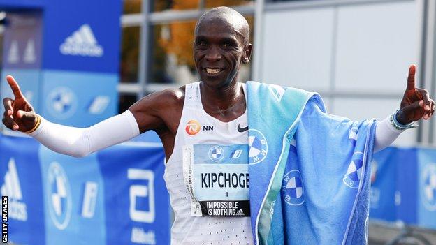 Eliud Kipchoge reacts to his world record marathon time in Berlin
