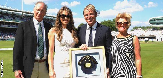 Shane Warne with his parents and former girlfriend Elizabeth Hurley