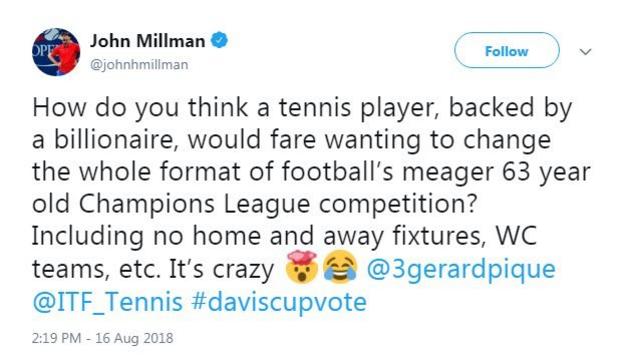 John Millman tweets his opposition to the Davis Cup reforms