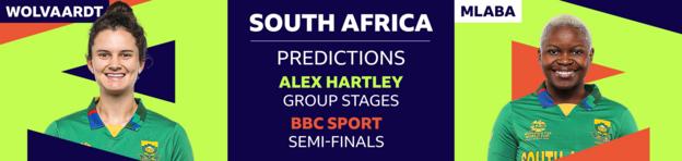 A banner representation  showing Alex Hartley has picked Laura Wolvaardt and Nonkululeko Mlaba arsenic  her 2  South Africa players to ticker  astatine  the Women's T20 World Cup 2023. Hartley has predicted South Africa volition  beryllium  eliminated successful  the radical  stages, portion    BBC Sport cricket writer   Ffion Wynne thinks they volition  scope   the semi-finals