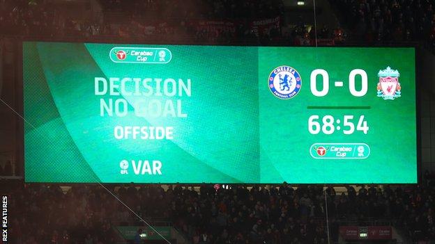 VAR has previously been used at Wembley in the Carabao Cup, pictured here in use during this year's final