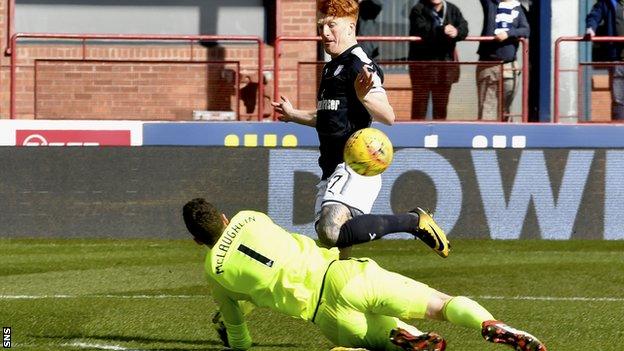 Hearts goalkeeper Jon McLaughlin saves from Dundee's Simon Murray