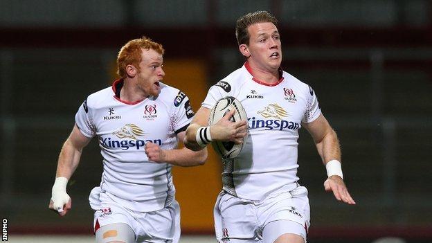 Craig Gilroy runs in for Ulster's opening try against Munster in Thomond Park