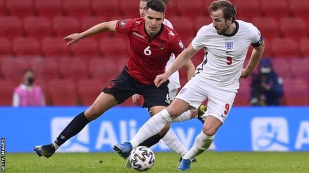 England captain Harry Kane in action against Albania in a World Cup 2022 qualifying match