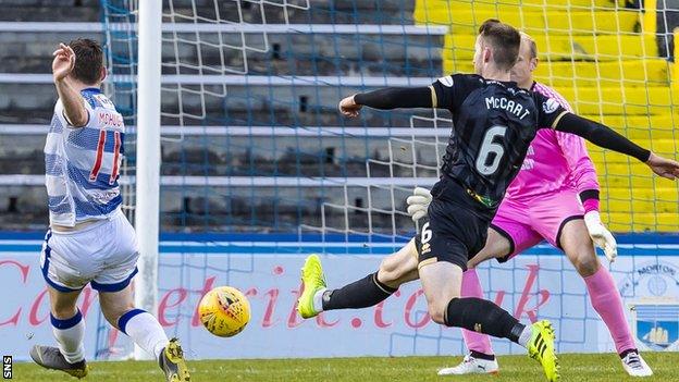 Bob McHugh (left) scores the second of his two goals for Morton