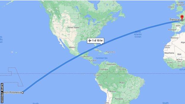Google Maps image showing journey from Tahiti to France