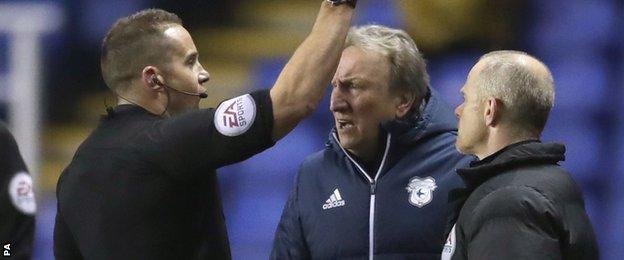 Neil Warnock is sent to the stand by referee Steve Martin