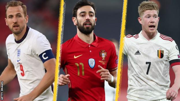 Harry Kane, Bruno Fernandes and Kevin de Bruyne