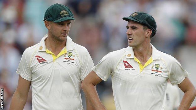 Australia fast bowlers Josh Hazlewood (left) and Pat Cummins (right)