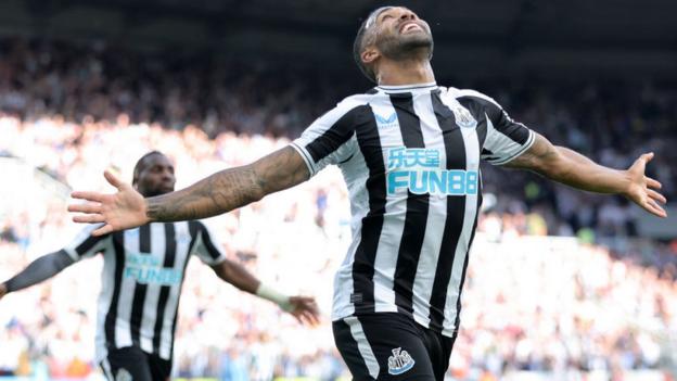 Newcastle United striker Callum Wilson celebrates scoring in a recent game against Manchester City